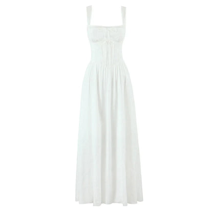 Lace Spliced Elegant White Dress Women Square Neck Sleeveless A-line Summer Long Dresses Holiday Party Robe