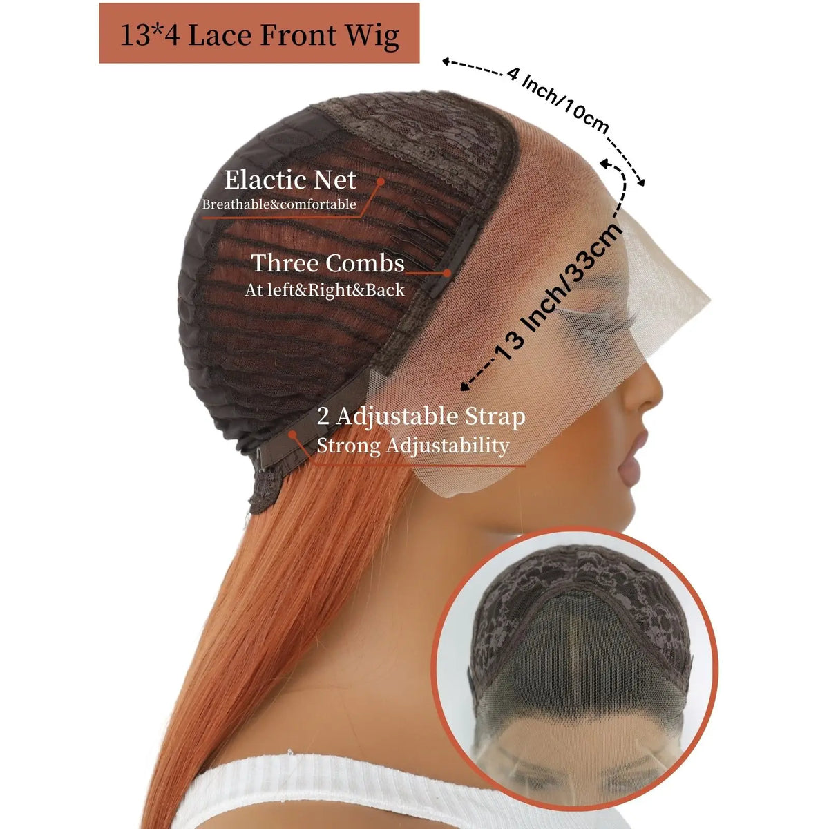 Long Ginger Wavy 13×4 Lace Front Synthetic Wig For Women Orange Heat Resistant Fiber Wig For Daily Party Use (32Inch)