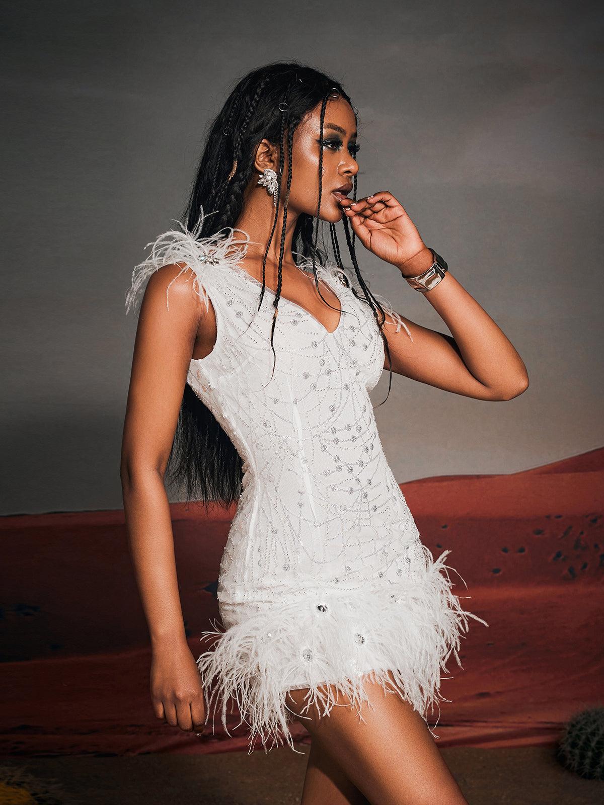 V Neck Sequin Swirl Feather Trim Bodycon Mini Dress