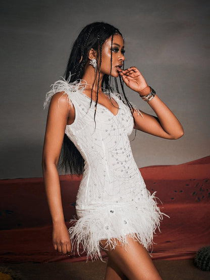 V Neck Sequin Swirl Feather Trim Bodycon Mini Dress