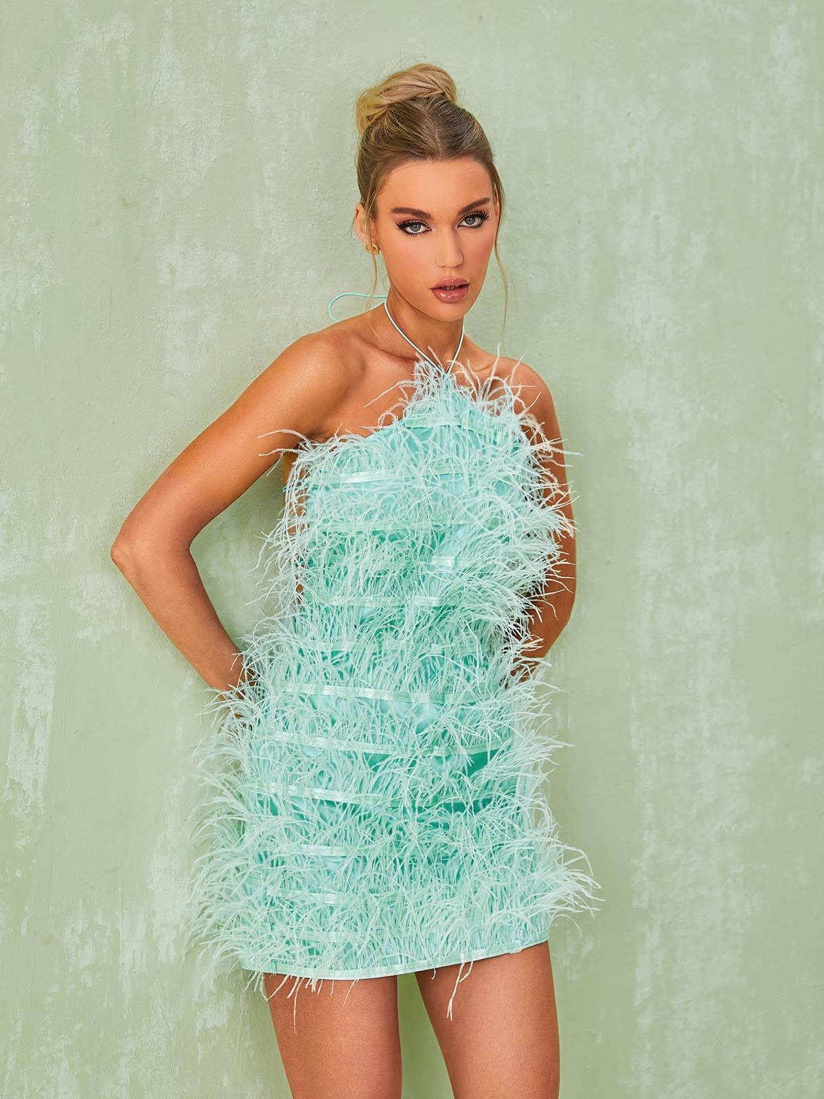 Halter Neck Tiered Ostrich Feather Fringe Bodycon Mini Dress