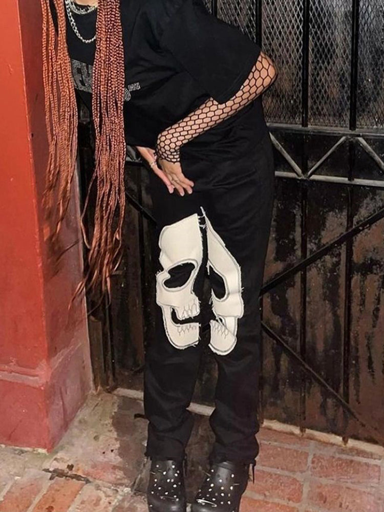 Gothic Skeleton Print Y2K Black Jeans