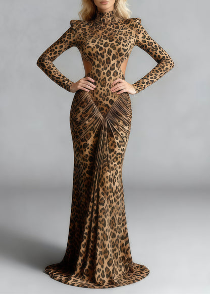 Mock Neck Padded Shoulder Waist Cutout Ruched Print Maxi Gown