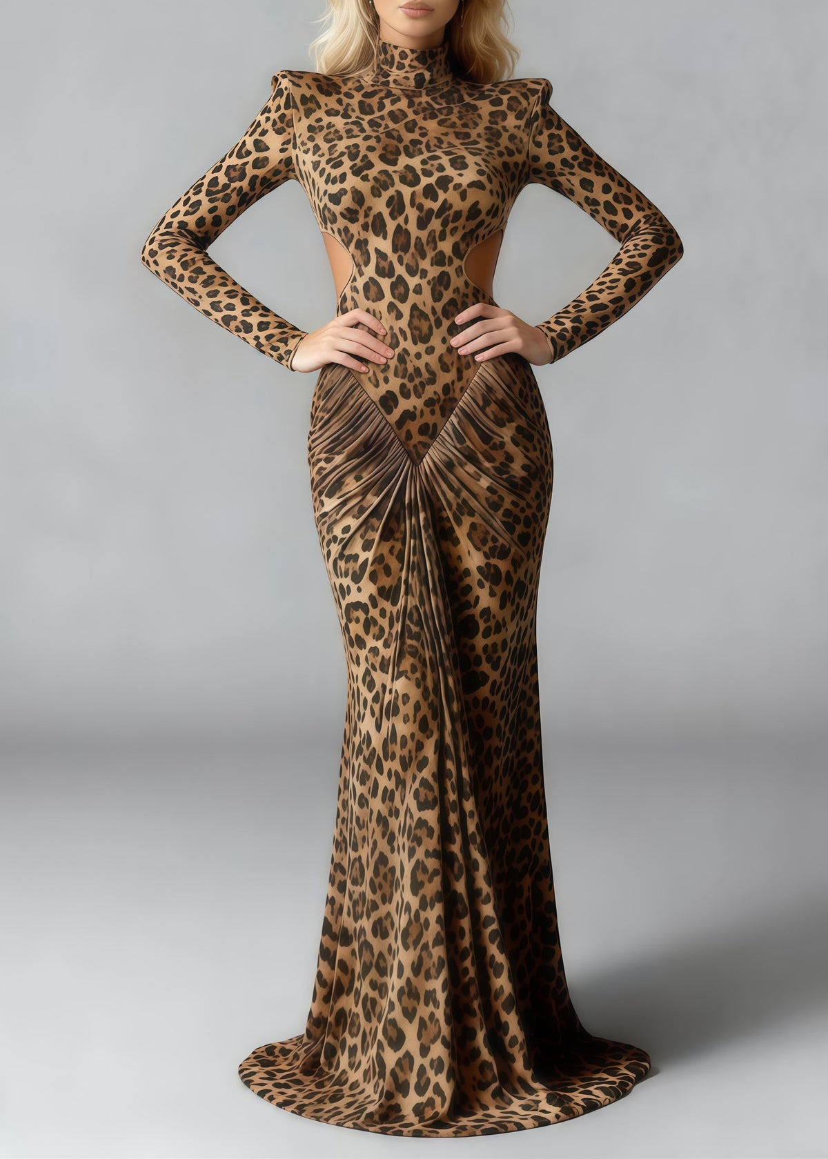 Mock Neck Padded Shoulder Waist Cutout Ruched Print Maxi Gown