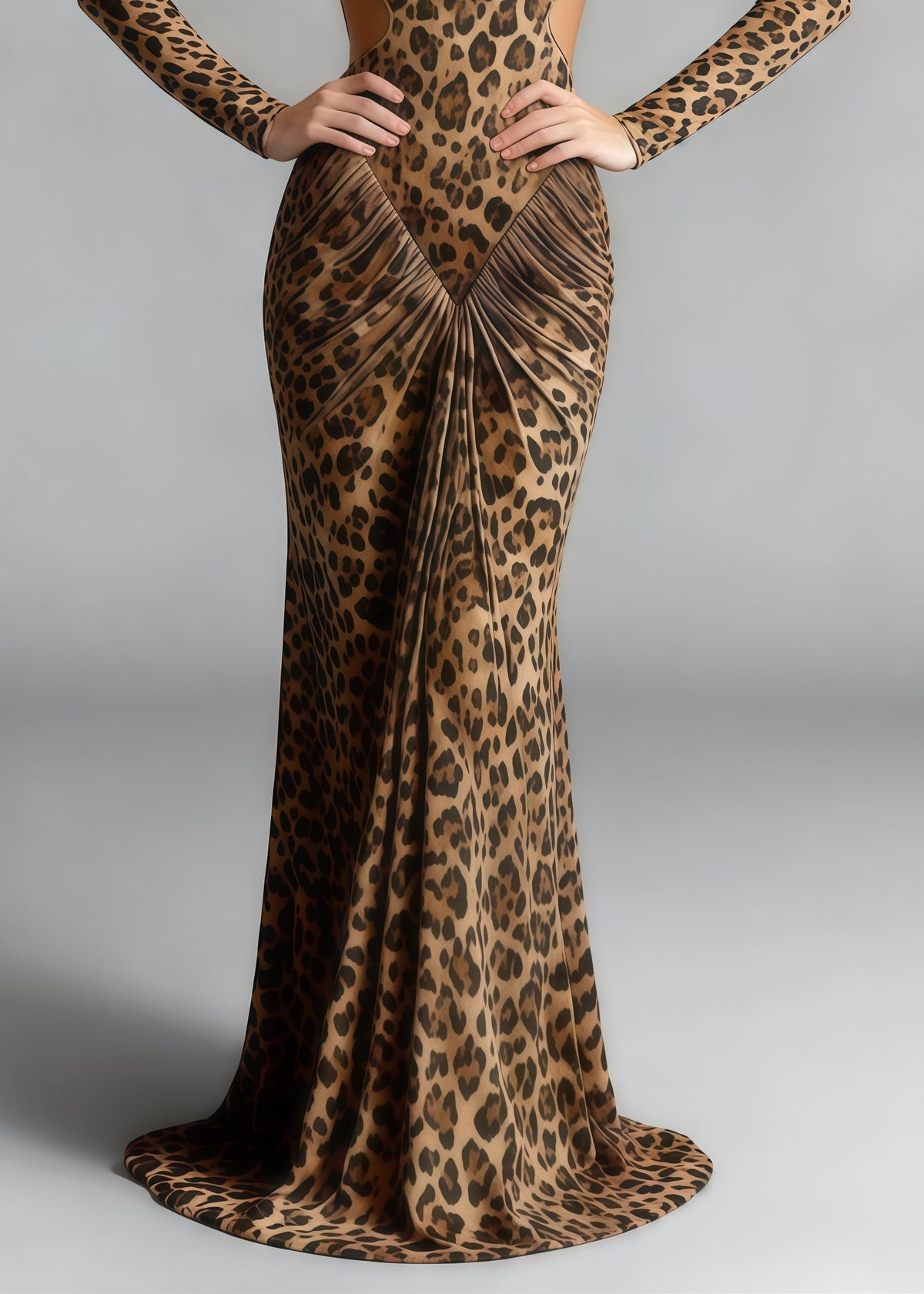 Mock Neck Padded Shoulder Waist Cutout Ruched Print Maxi Gown