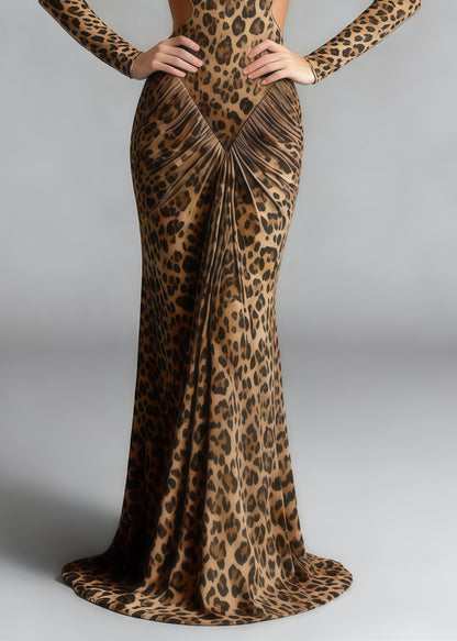 Mock Neck Padded Shoulder Waist Cutout Ruched Print Maxi Gown