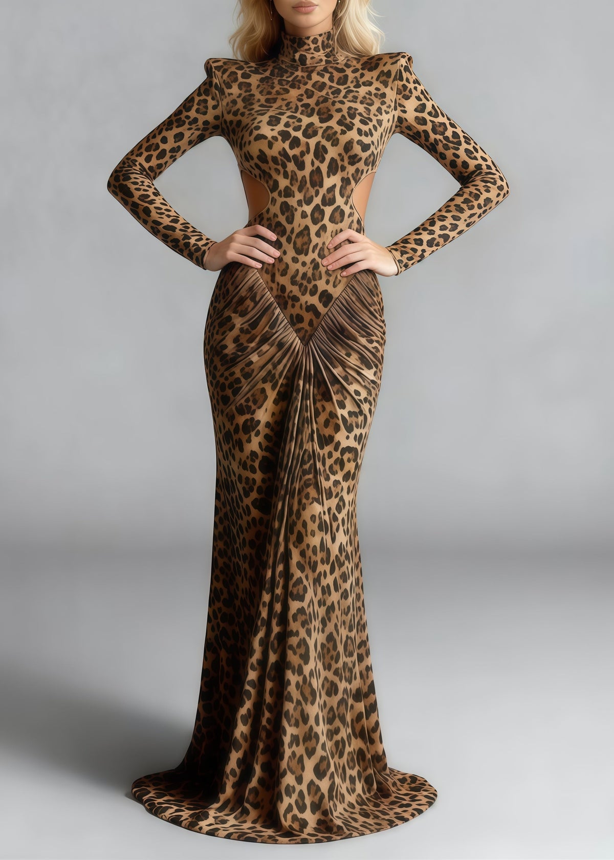 Mock Neck Padded Shoulder Waist Cutout Ruched Print Maxi Gown