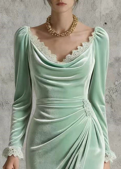 Cowl Neck Lace Trim Puff Sleeve Side Ruching Velvet Wrap High-Low Midi Dress