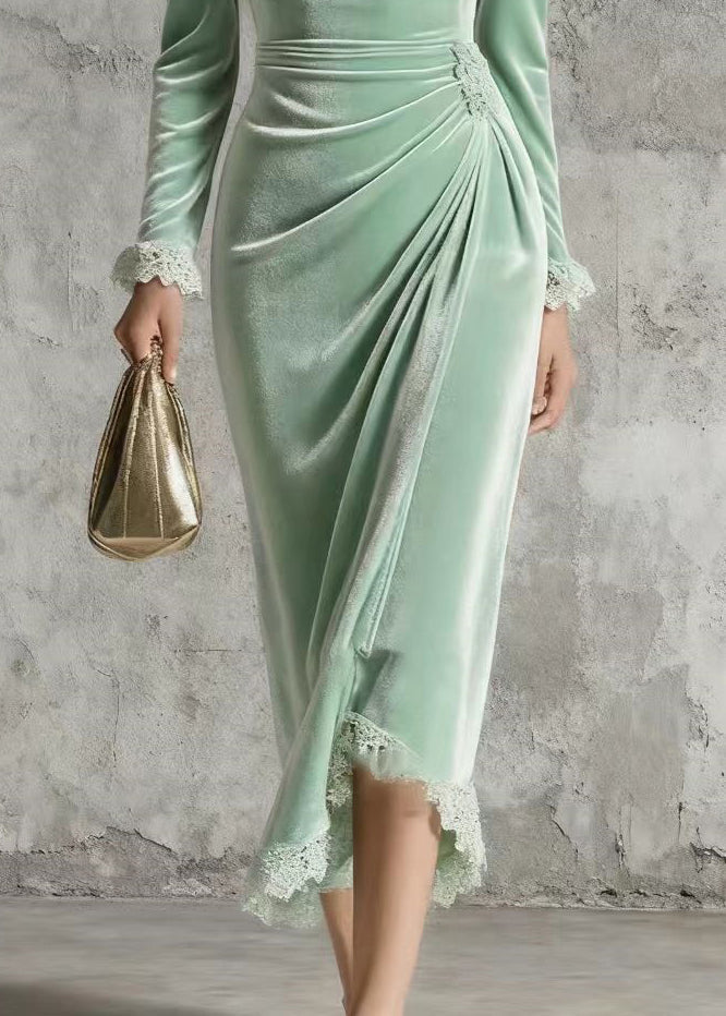 Cowl Neck Lace Trim Puff Sleeve Side Ruching Velvet Wrap High-Low Midi Dress