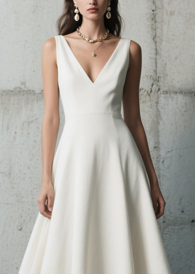 Deep V-Neck Sleeveless Crochet Lace Hem A-Line Floor-Length Gown