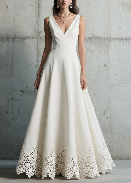 Deep V-Neck Sleeveless Crochet Lace Hem A-Line Floor-Length Gown