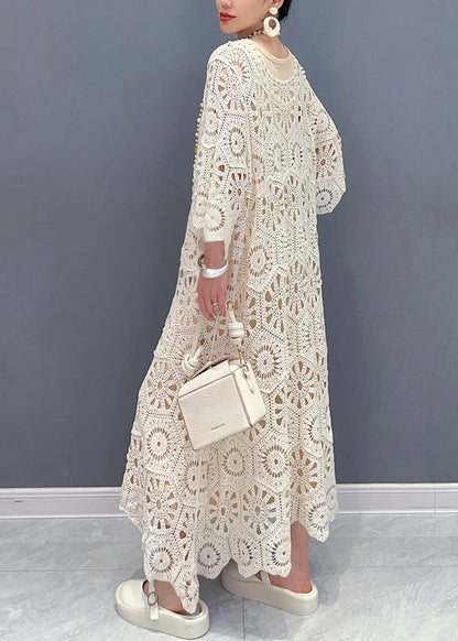 Deep V-Neck Crochet Sunburst Motif Flutter Sleeve Scalloped Hem Maxi Dress