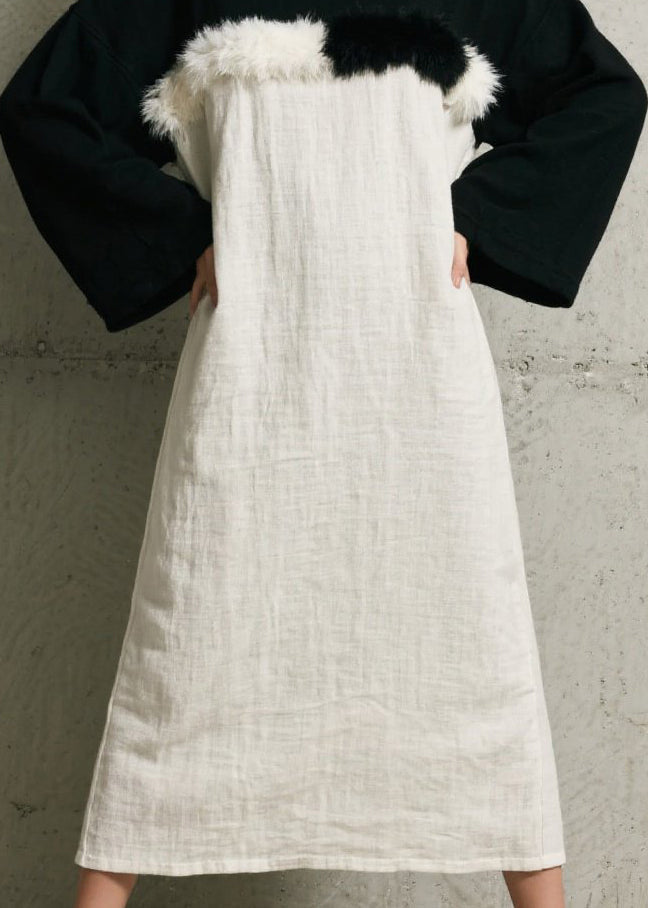 Faux Fur Trim Layered Crew Neck Bell Sleeve Linen Midi Dress