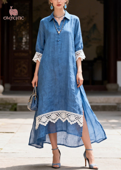 Collared Crochet Lace Cuff High Low Side Slit Linen Maxi Shirt Dress