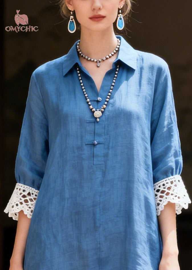 Collared Crochet Lace Cuff High Low Side Slit Linen Maxi Shirt Dress