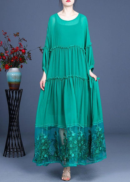 Tiered Ruffle Sleeve Embroidered Mesh Hem Maxi Dress