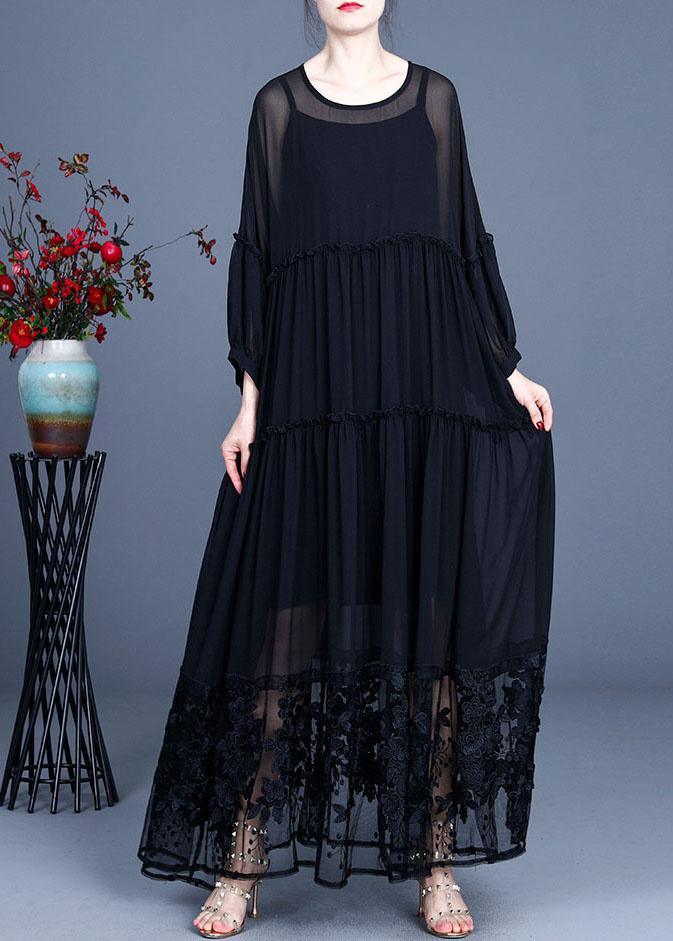 Tiered Ruffle Sleeve Embroidered Mesh Hem Maxi Dress