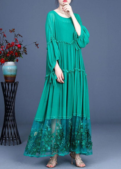 Tiered Ruffle Sleeve Embroidered Mesh Hem Maxi Dress