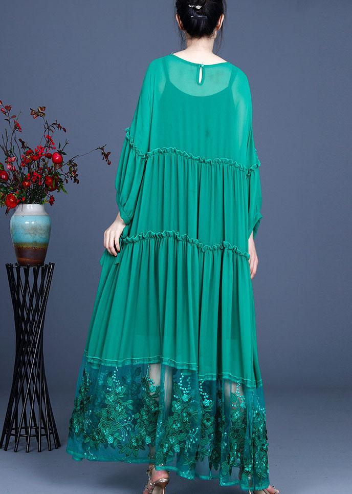 Tiered Ruffle Sleeve Embroidered Mesh Hem Maxi Dress