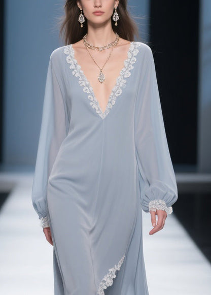 Lace Trim Deep V-Neck Bishop Sleeve Wrap High-Low Chiffon Maxi Dress
