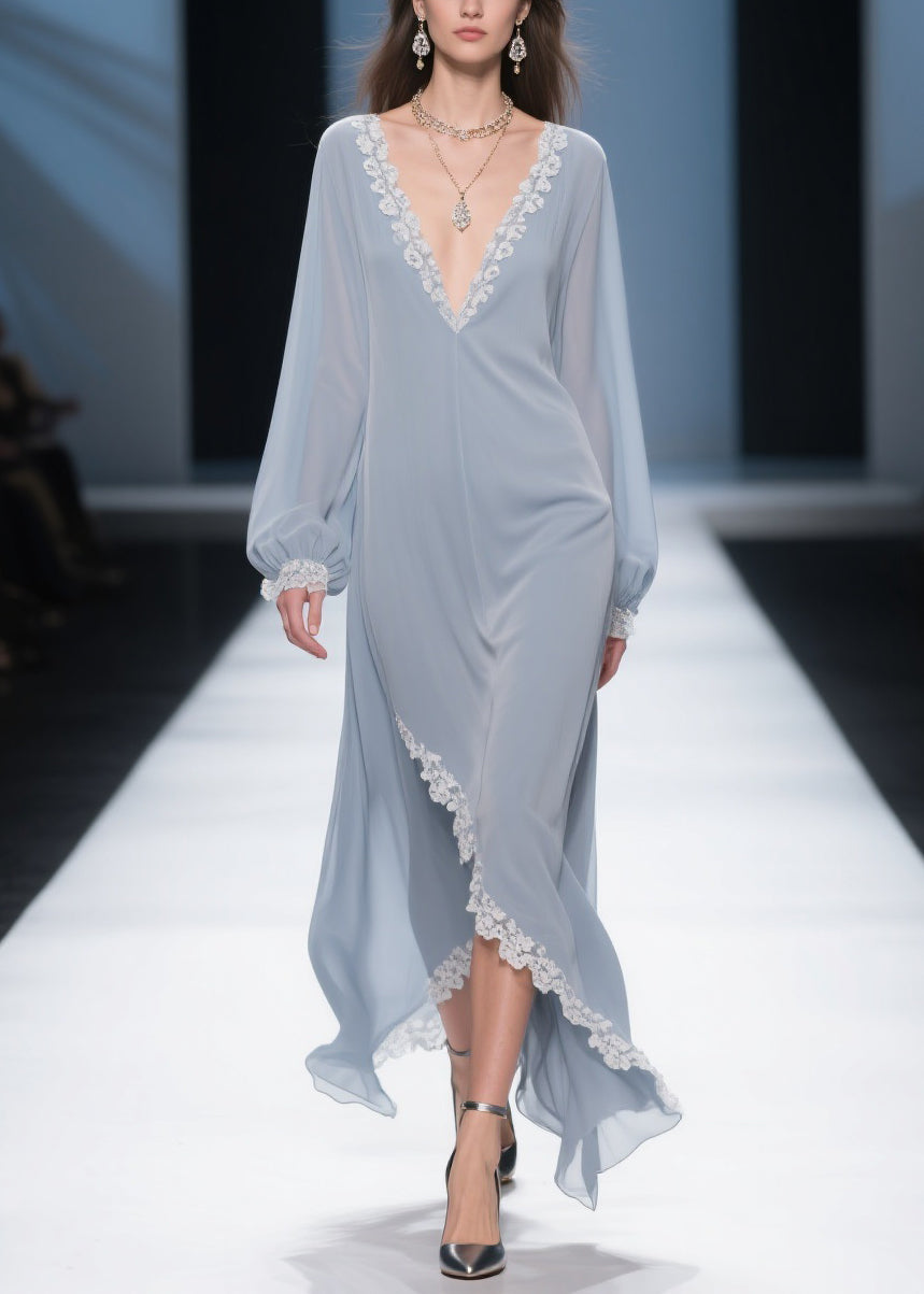 Lace Trim Deep V-Neck Bishop Sleeve Wrap High-Low Chiffon Maxi Dress