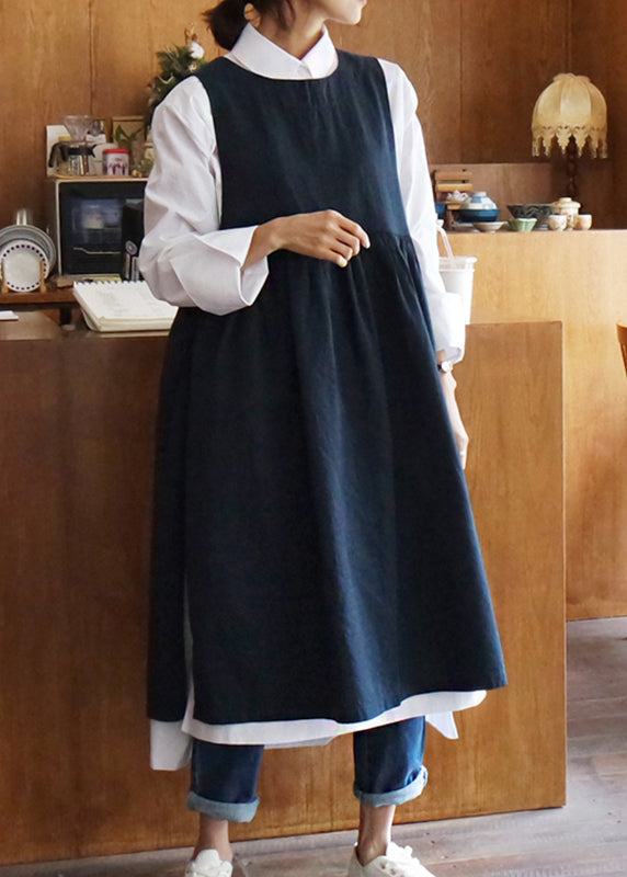 Round Neck Gathered Waist Linen Pinafore Midi Dress