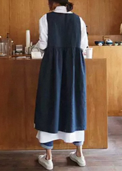 Round Neck Gathered Waist Linen Pinafore Midi Dress