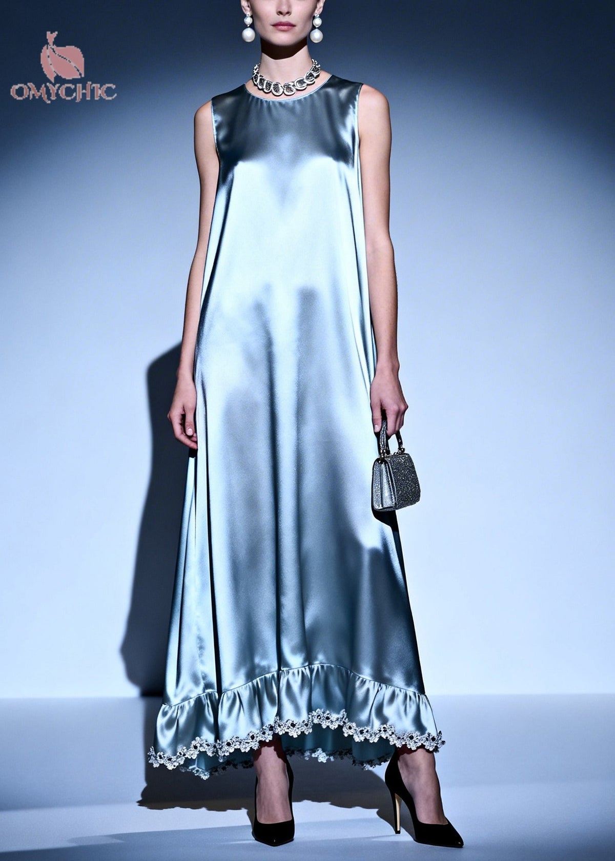 High Neck Sleeveless Satin Ruffle Tier Lace Trim Maxi Dress