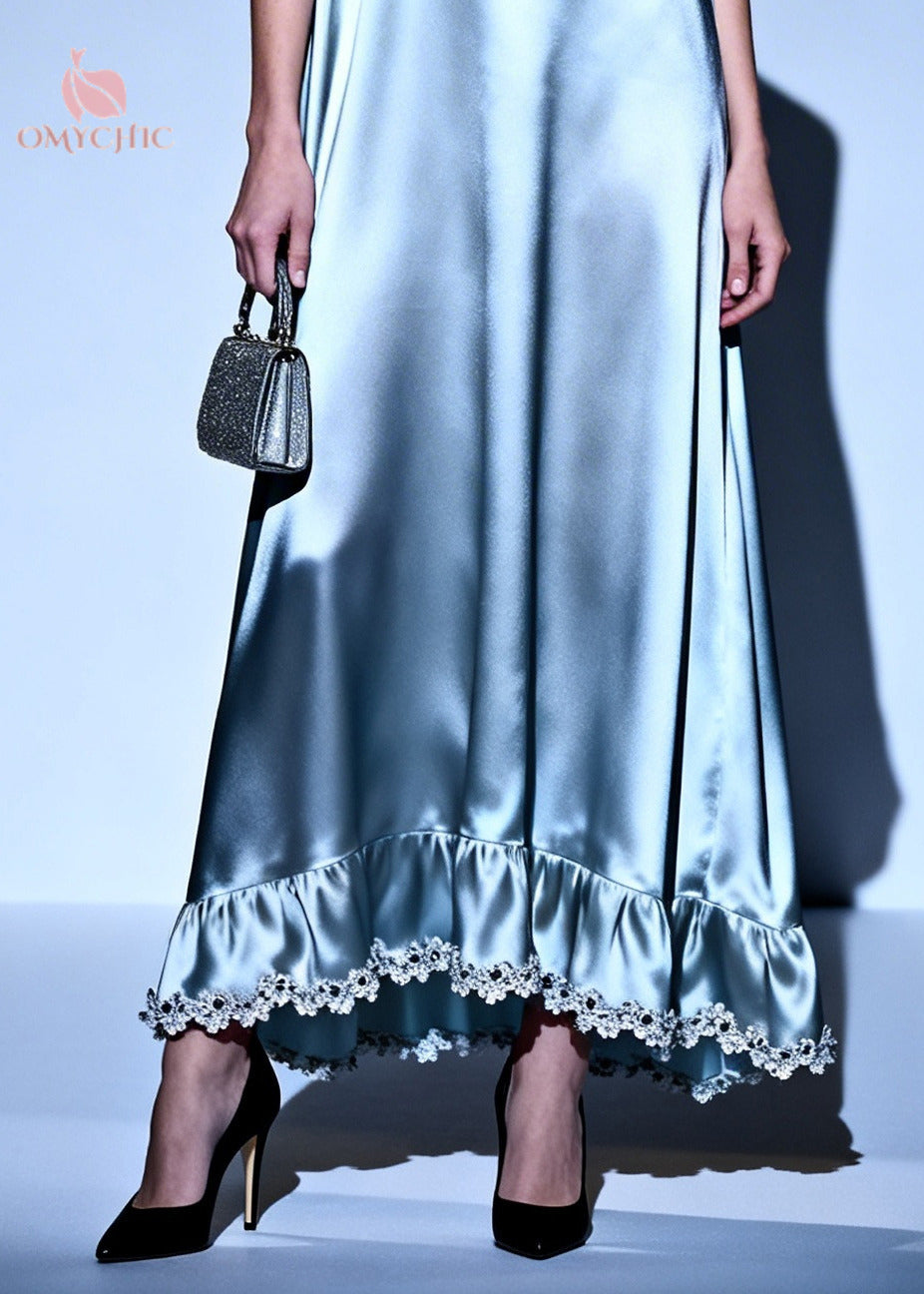 High Neck Sleeveless Satin Ruffle Tier Lace Trim Maxi Dress