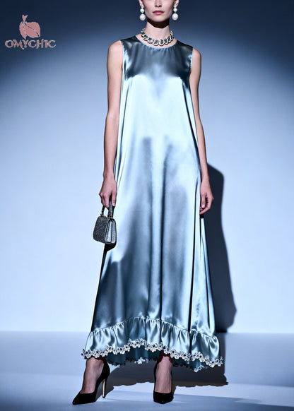 High Neck Sleeveless Satin Ruffle Tier Lace Trim Maxi Dress