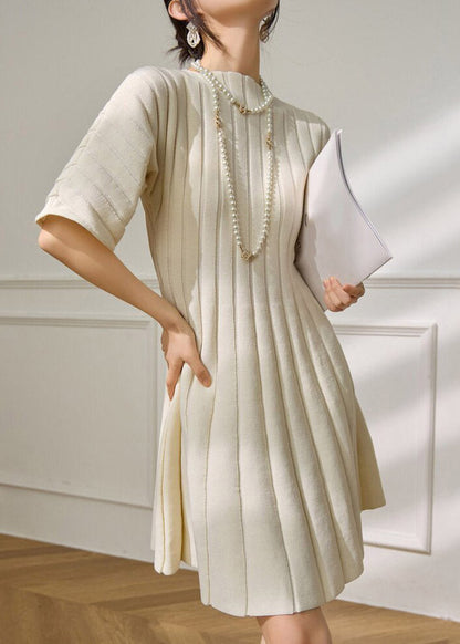 Mock Neck Rib Knit Half Sleeve Accordion Pleat Mini Dress