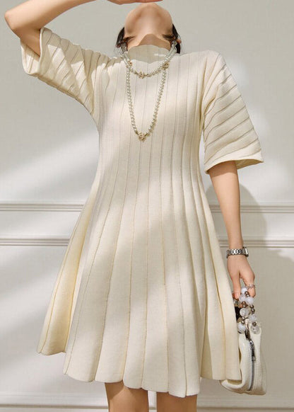 Mock Neck Rib Knit Half Sleeve Accordion Pleat Mini Dress