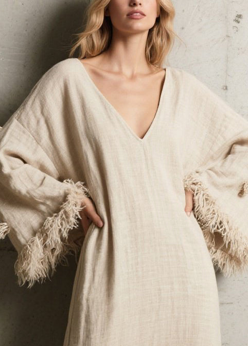 Deep V-Neck Fringe Cuff Yarn Pom-Pom Linen Kaftan Maxi Dress