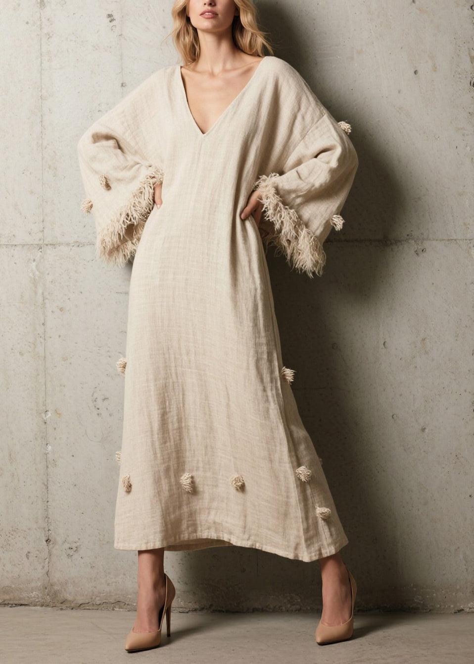 Deep V-Neck Fringe Cuff Yarn Pom-Pom Linen Kaftan Maxi Dress