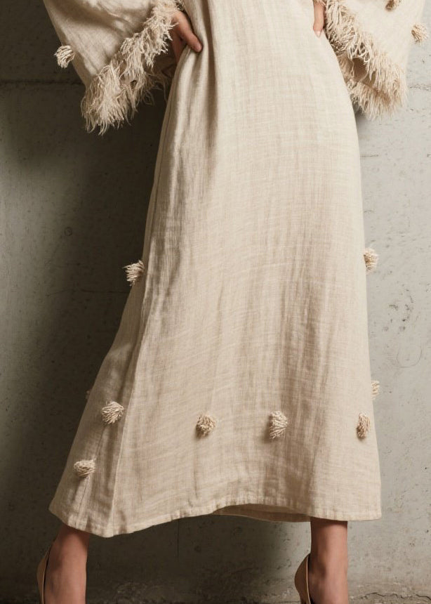Deep V-Neck Fringe Cuff Yarn Pom-Pom Linen Kaftan Maxi Dress