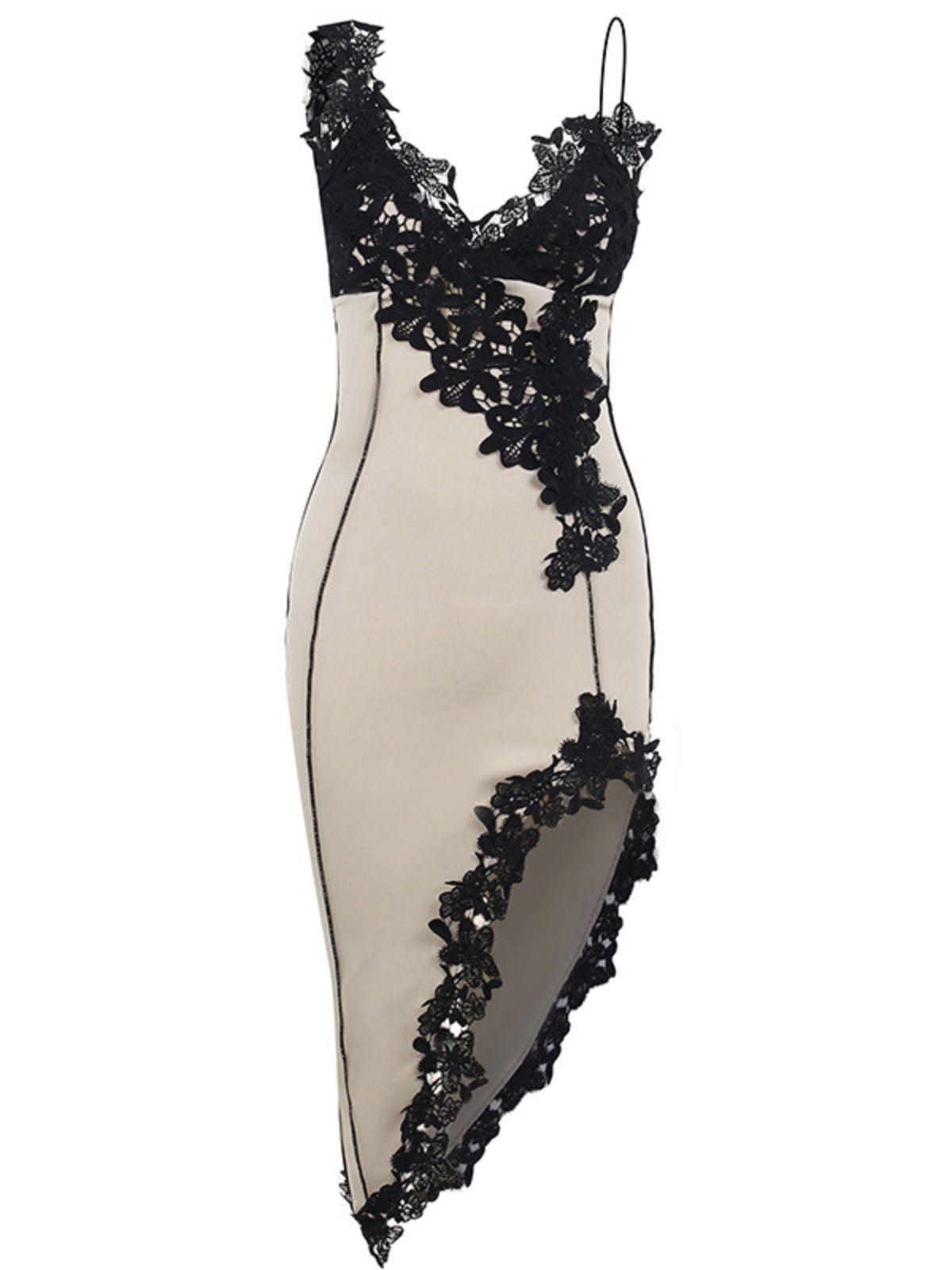 Plunging V Neck Spaghetti Strap Asymmetric Lace Applique Midi Dress
