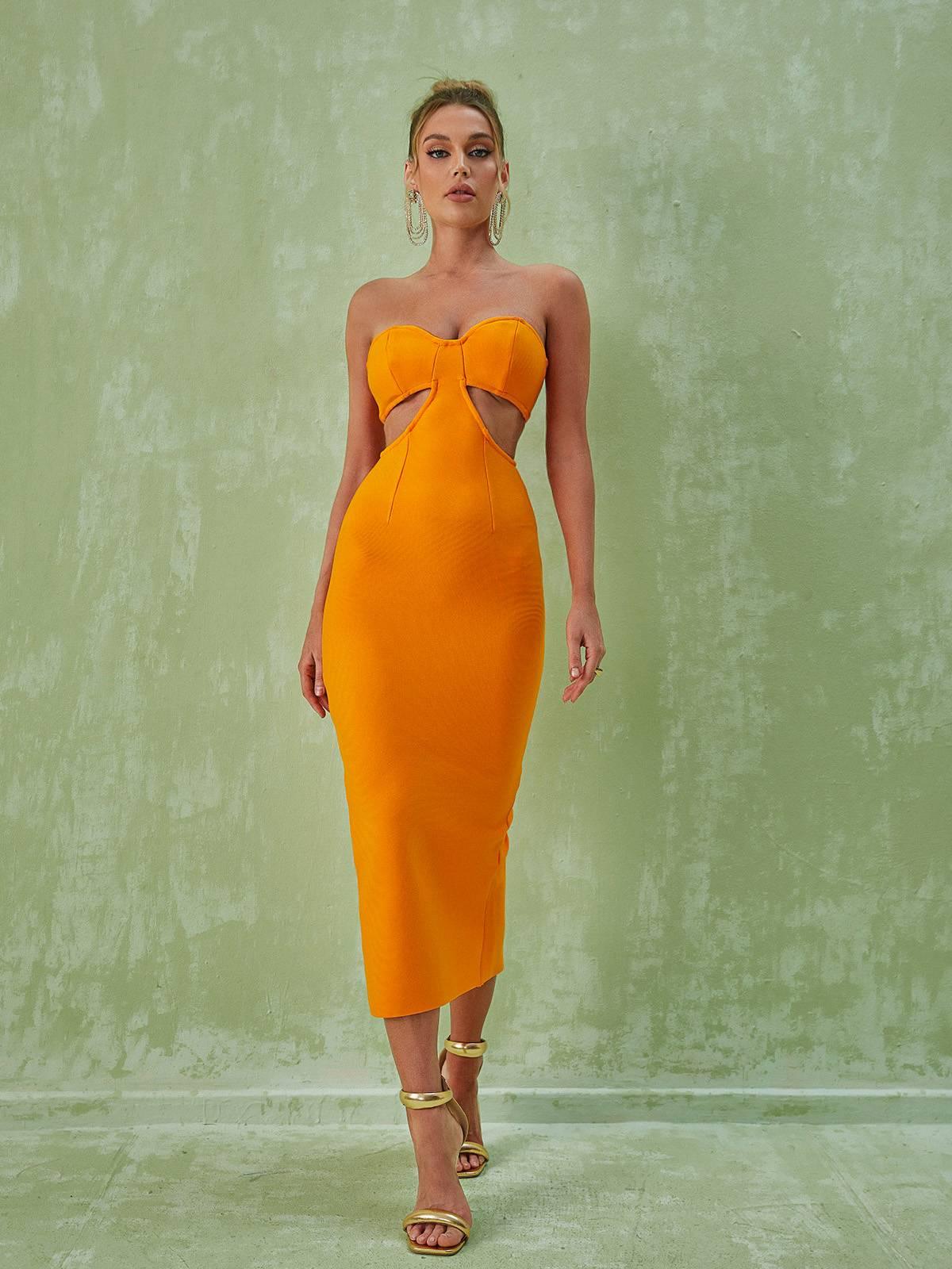 Strapless Side Cutout Rib Knit Bandage Midi Dress