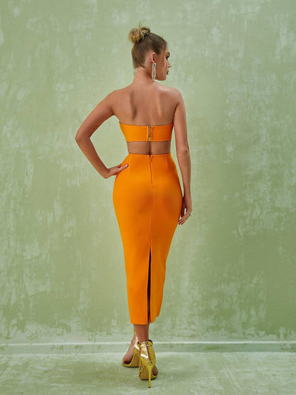Strapless Side Cutout Rib Knit Bandage Midi Dress