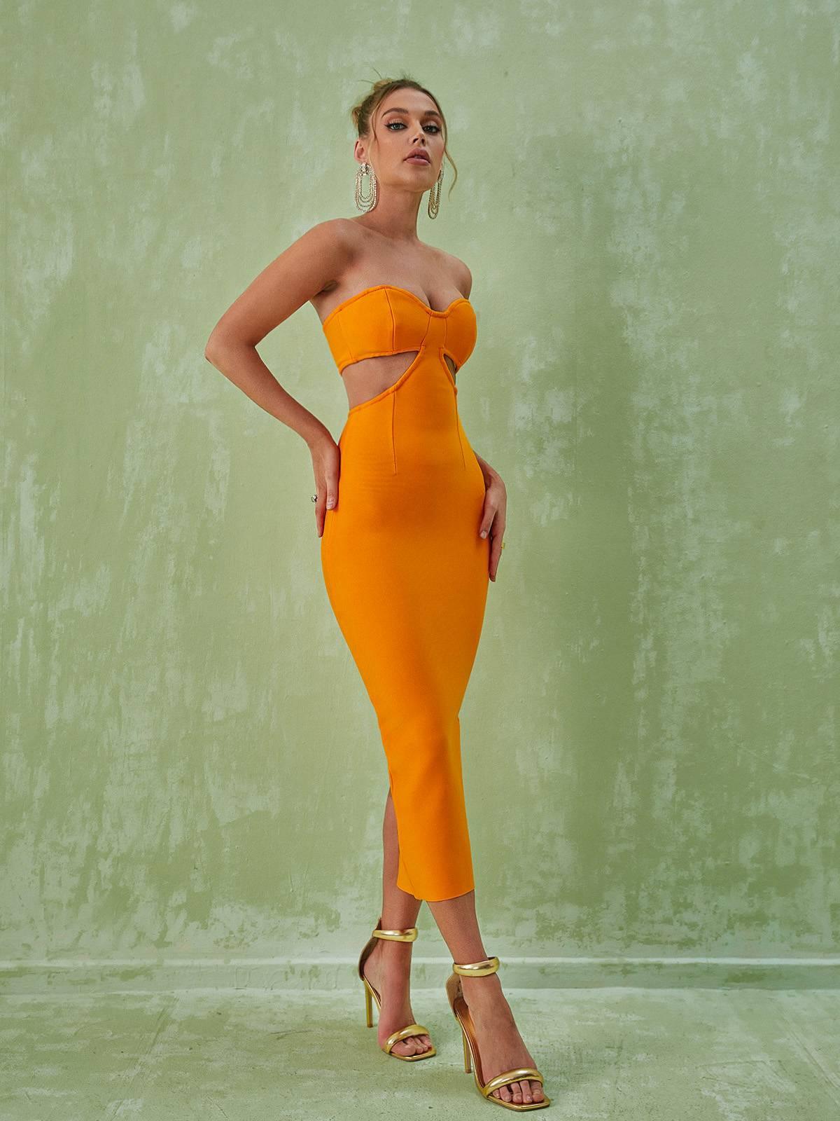 Strapless Side Cutout Rib Knit Bandage Midi Dress