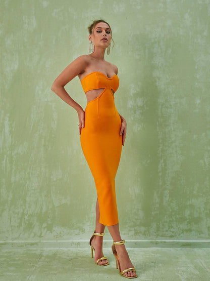 Strapless Side Cutout Rib Knit Bandage Midi Dress