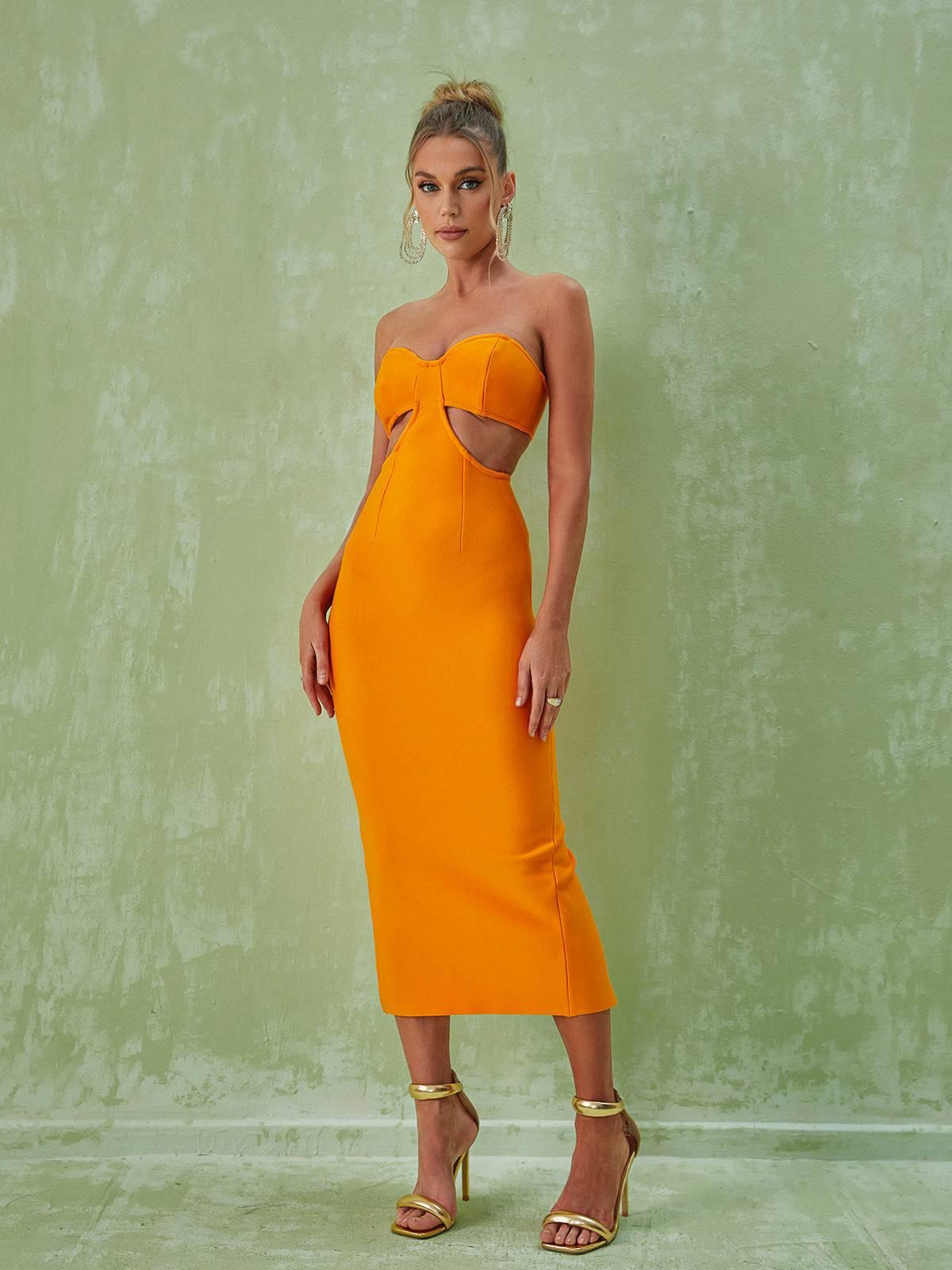 Strapless Side Cutout Rib Knit Bandage Midi Dress