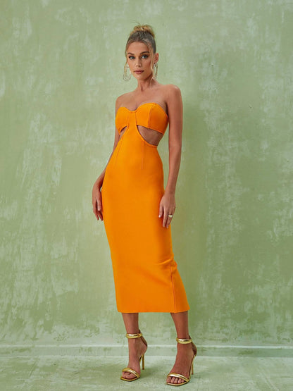 Strapless Side Cutout Rib Knit Bandage Midi Dress