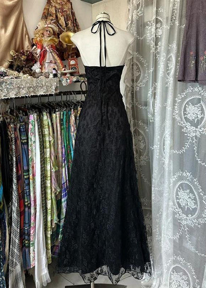 Halter V-Neck Ruched Bodice Center Cascade Ruffle Lace Maxi Gown