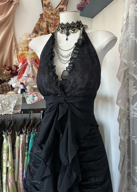 Halter V-Neck Ruched Bodice Center Cascade Ruffle Lace Maxi Gown