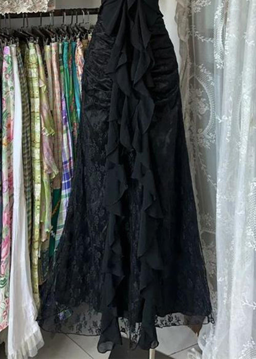 Halter V-Neck Ruched Bodice Center Cascade Ruffle Lace Maxi Gown