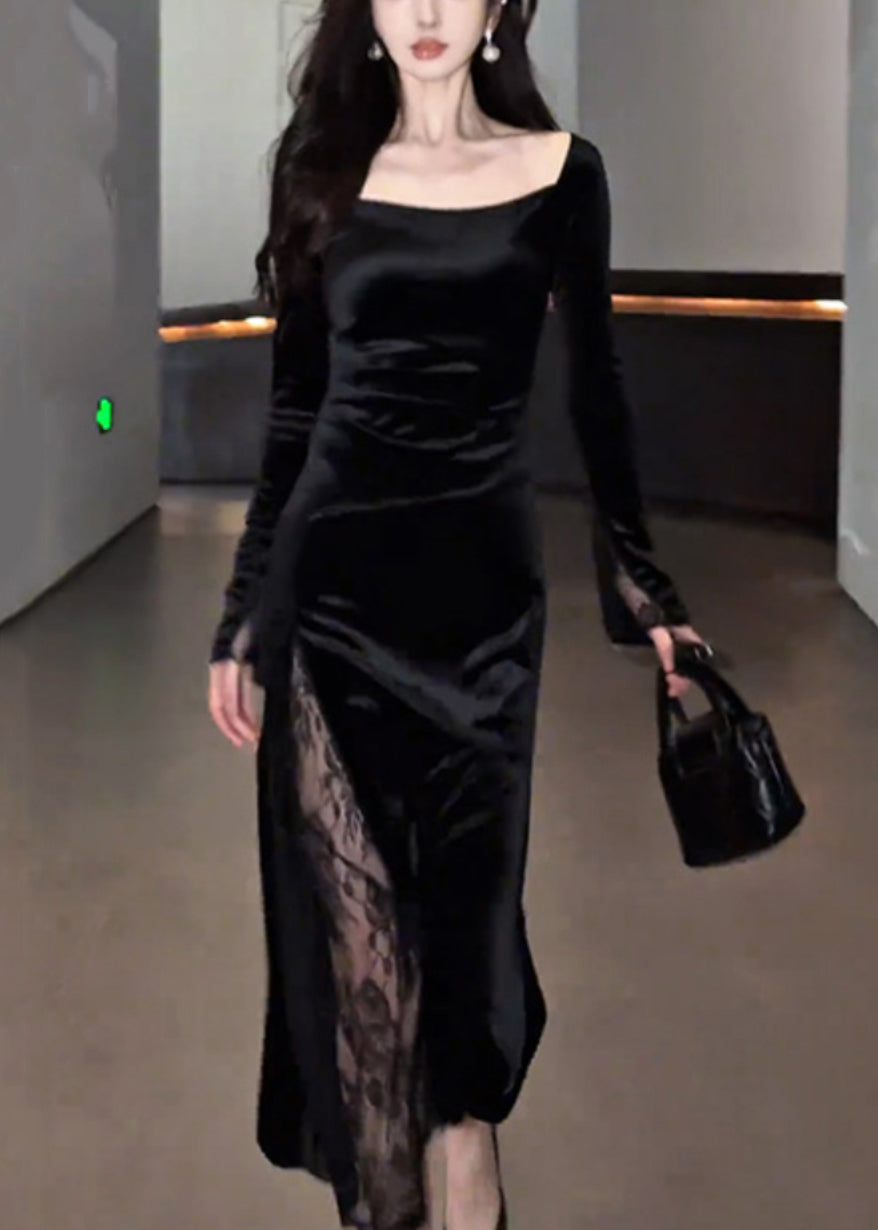 Square Neck Long Sleeve Velvet Lace Panel High-Slit Maxi Dress