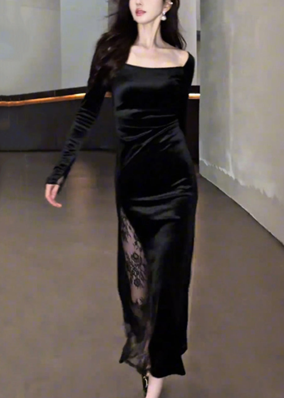 Square Neck Long Sleeve Velvet Lace Panel High-Slit Maxi Dress