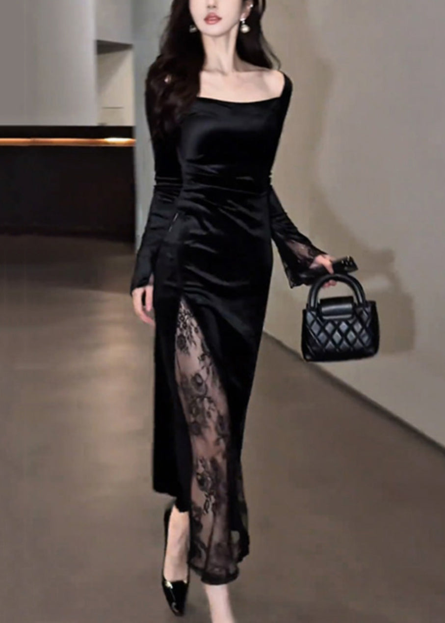 Square Neck Long Sleeve Velvet Lace Panel High-Slit Maxi Dress