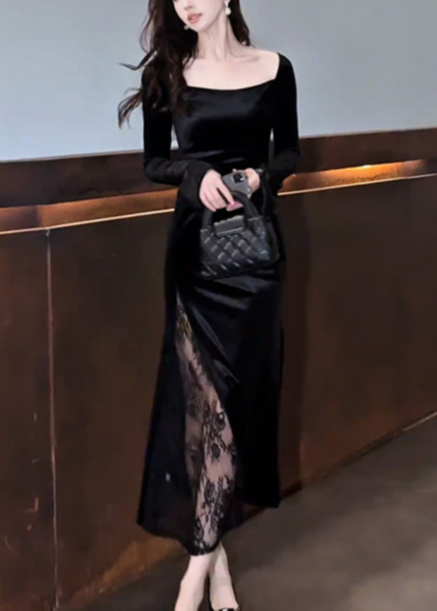 Square Neck Long Sleeve Velvet Lace Panel High-Slit Maxi Dress