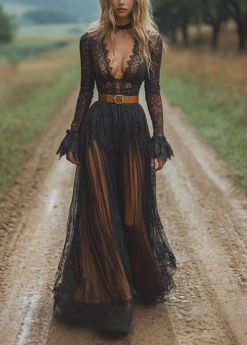 Deep V-Neck Lace Bodice Pleated Chiffon Lace Panel Maxi Dress